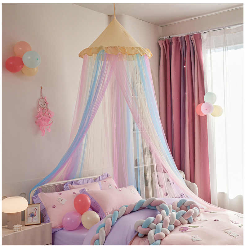 Rainbow Bed Canopy for Girls Dreamy Mosquito Net for Bed Round Dome Princess Bed Canopy Girl Room Play Tent Kids Canopy Bed Netting Curtains Yellow