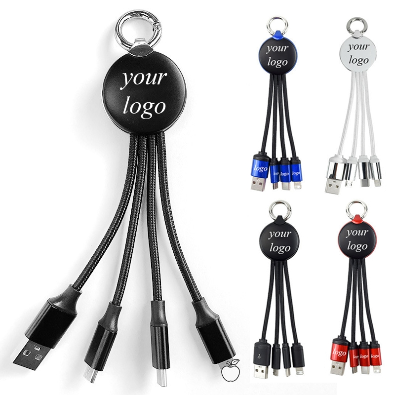High Speed 3 in 1 USB Charging Cable Nylon Braid 3 in 1 LED Glow Flowing Charger Cable Key Chain 3 in 1 Data Cable with LED Logo