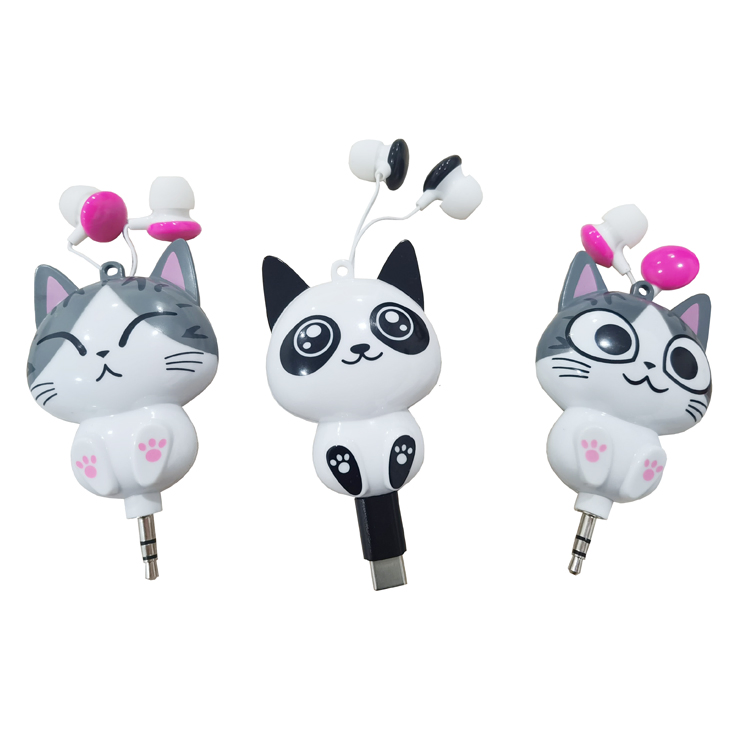 Promotional Cartoon Cute Wired Music Earphones 3.5mm Jack Student Girls Wired Retractable Earbud Headset