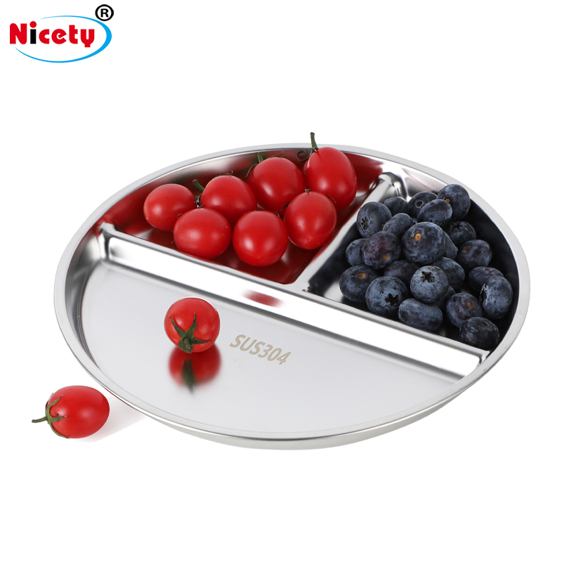 Novel New Design Stainless Steel 3-Compartment Divided Dinner Plate for School and Kids