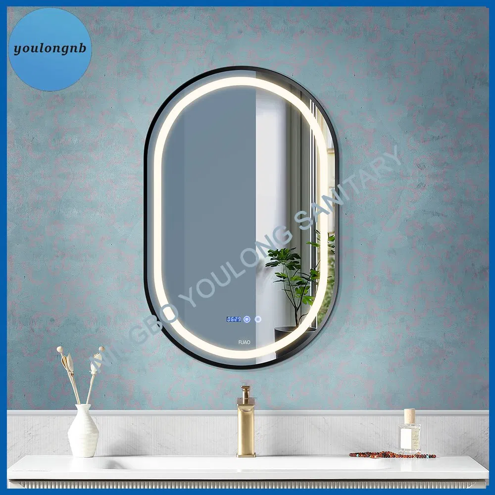 Modern Smart Touch Screen Oval LED Bathroom Anti-Fog Mirror with Time Screen