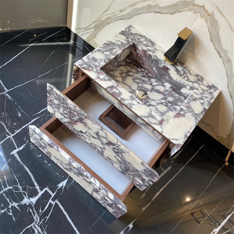 Modern Calacatta Viola Marble Sink Powder Room Floating Basin Marble Vanity Cabinet Drawers Bathroom Vanity