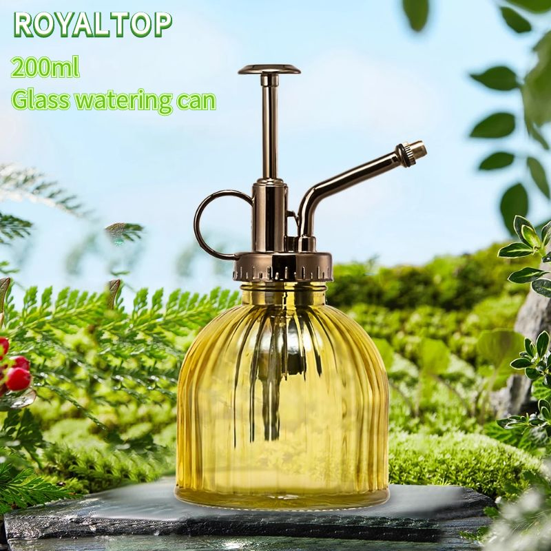 One Hand Glass Watering Can for Indoor Glass Spray Bottle 6in Vintage Stripe Glass Plant Mister with Bronze Plastic Top Pump