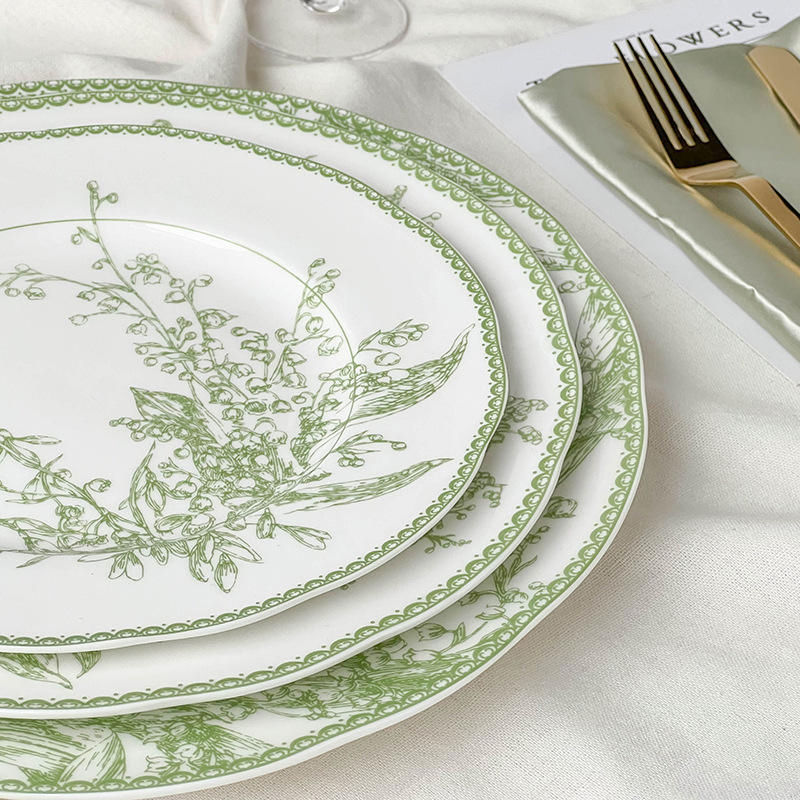 Vintage Ceramic Dinner Plates Set with Light Green Floral Design
