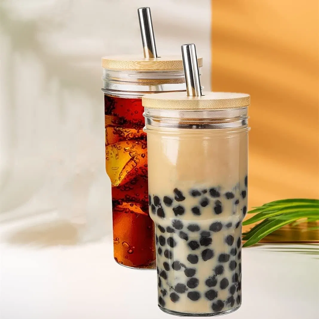 Wholesale 22oz Transparent Glass Juice Coffee Mug with Bamboo Lid and Straw