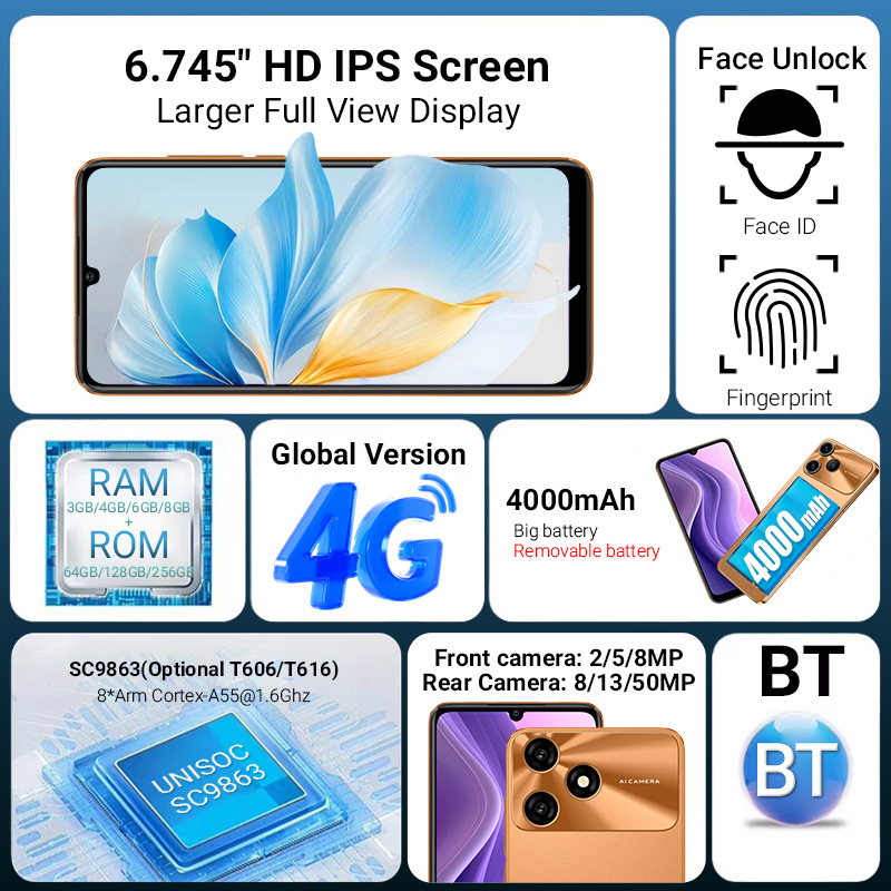 6.7" Sc9863 CPU 4G LTE HD IPS Android16 OS Removable 4000mAh Battery Smart Phone
