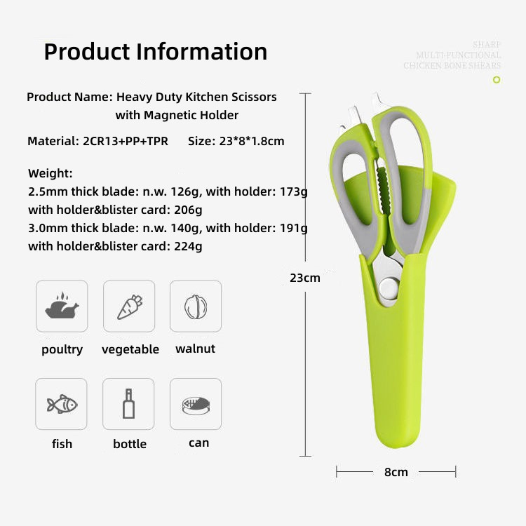 Kitchen Scissors with Magnetic Holder Heavy Duty Kitchen Shears Meat Scissors Multifunctional Stainless Steel Cooking Poultry Scissors for Household-3.0mmblk-Hz