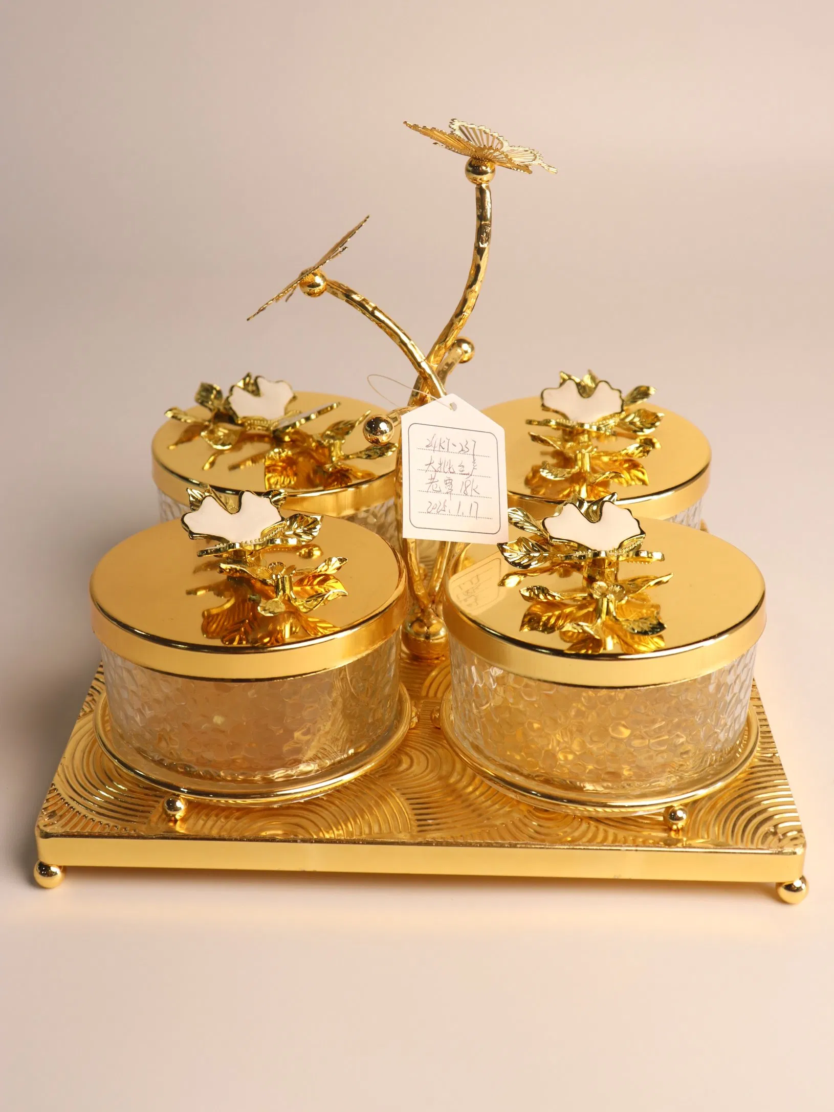 Elegant Butterfly Pattern Fruit Bowl Set with Gold-Plated Iron Stands