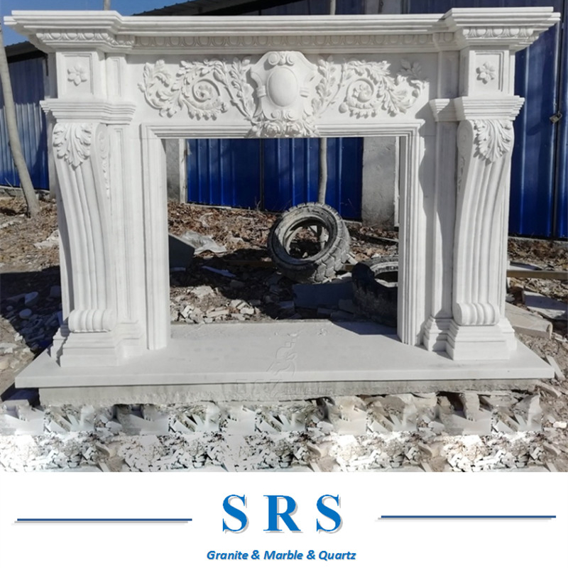 Designed Carved Limestone White Marble Fireplace Mantel