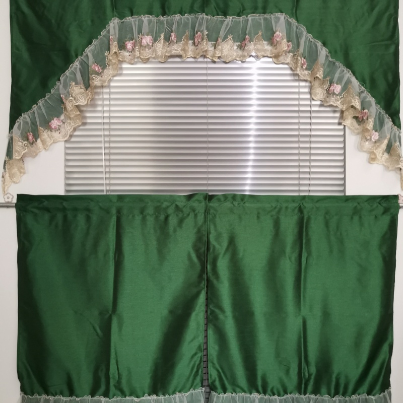 Digital Printed Kitchen Curtain Set - Olive Green Sheer with Four-Leaf Clover Patterns Patterns, Valance and Tier Panels