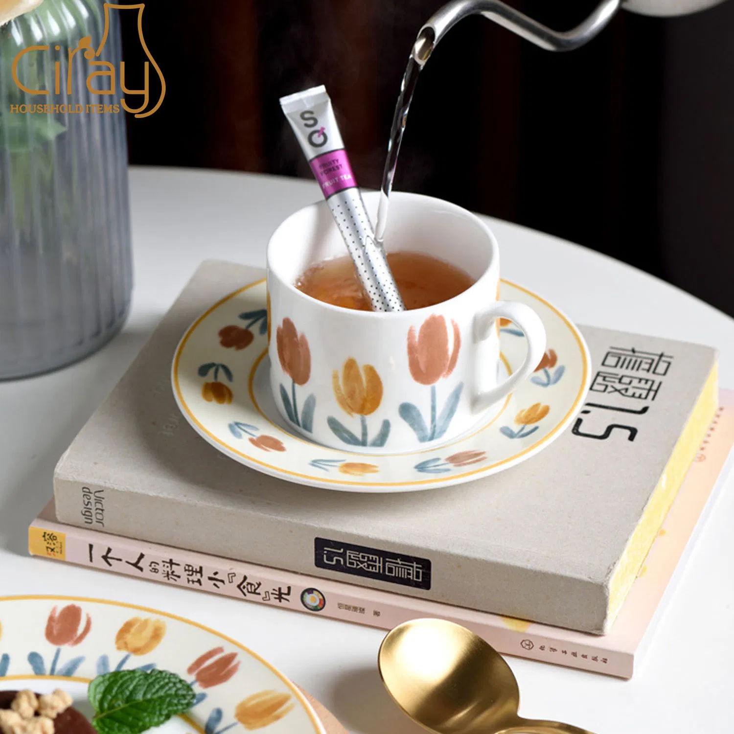 250ml French Design Ceramic Coffee Cup with Beautiful Tulip Pattern Afternoon Teacup Set