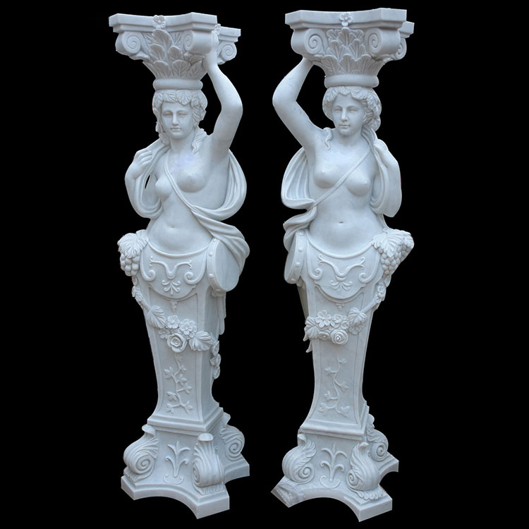 Square White Marble Pillar with Relief of Woman and Child