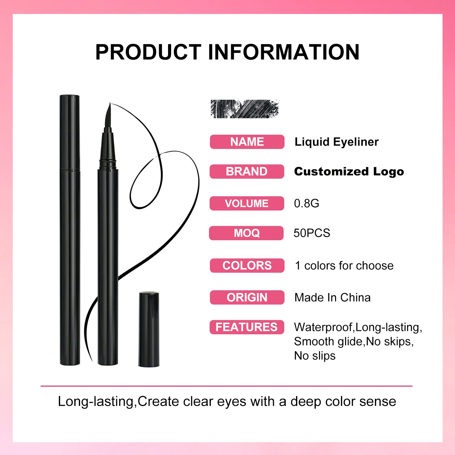 Wholesale Custom Eye Liner Makeup Waterproof Natural Smooth Lasting Black Eyeliner