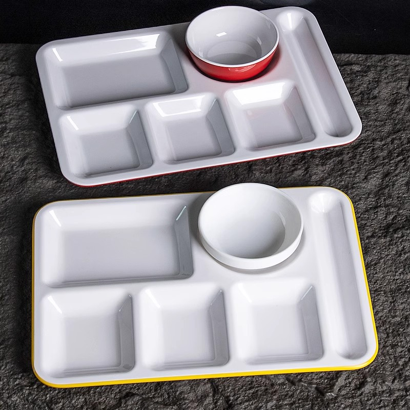 14-Inch Melamine Fast Food Tray with Rice Bowl Restaurants 6 Compartment Plates