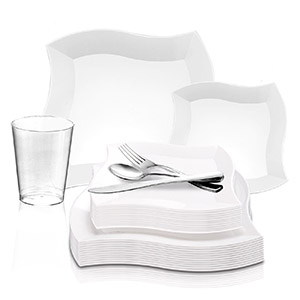 Disposable Plastic Dessert 7" Heavy Duty Wave White Salad Plates