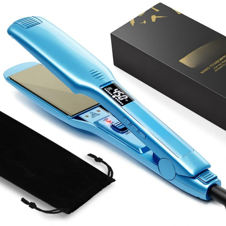 Professional Blue 1.75inch Wide Titanium Flat Iron Adjustable Temperature Hair Straightener