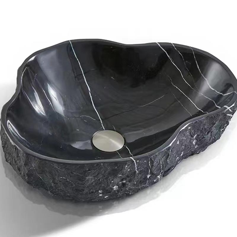 Chiseled Nero Marquina Black Marble Fluted Vanity Basin Bathroom Sink