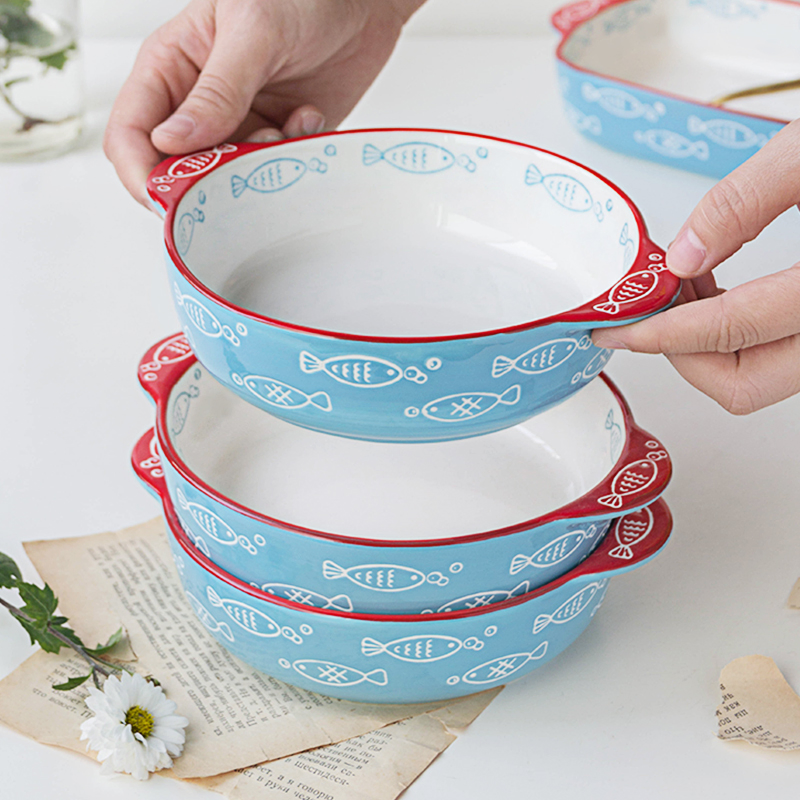 Hand-Painted Fish Pattern Roasting Ceramic Food Plate Round Baking Pan Dish