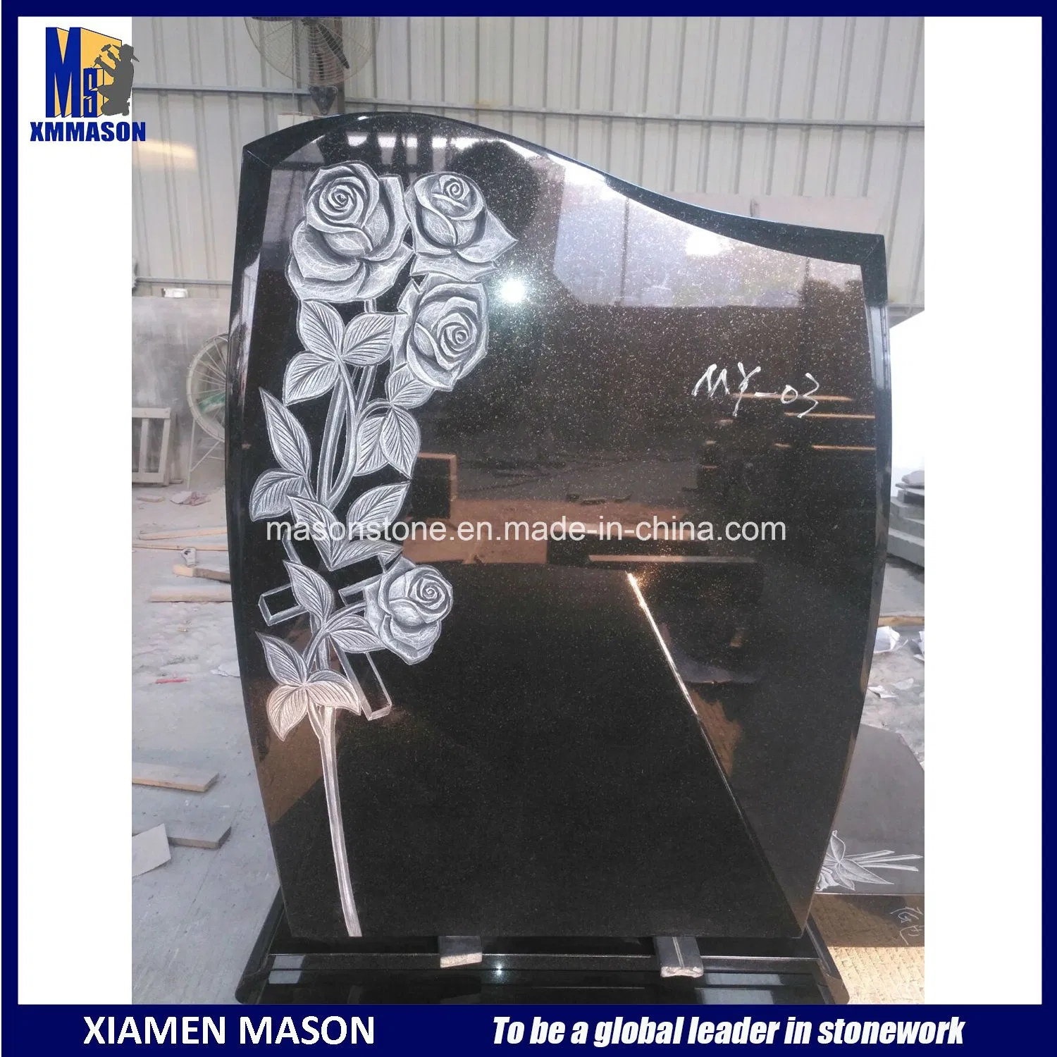 Absolutly Black Granite Tombstone with Roses Carved Headstone