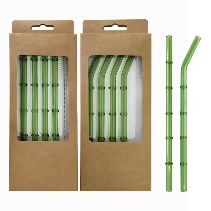 Eco-Friendly Reusable Green Bamboo Straws High Borosilicate Glass Straw Set 4+1 with Cleaning Brush