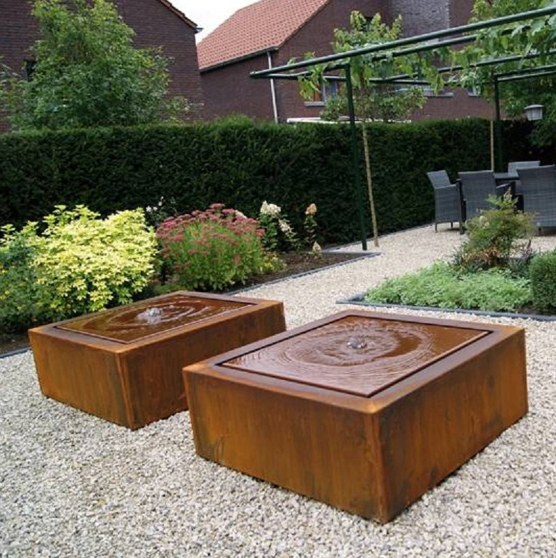 Outdoor Water Fountain Corten Steel Square Water Table with LED Lights