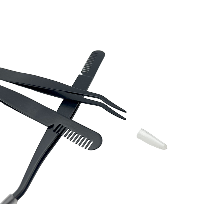 Customized Private Label Stainless Steel Curved Eyebrow Fake Eyelash Tweezers with Comb on Tails