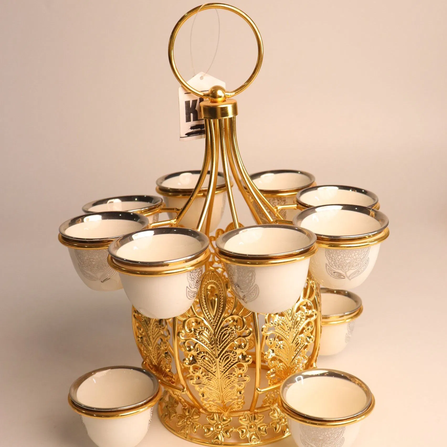 Decorative Gold-Plated Iron Frame with 12 Ceramic Tea Cup Ornaments Set