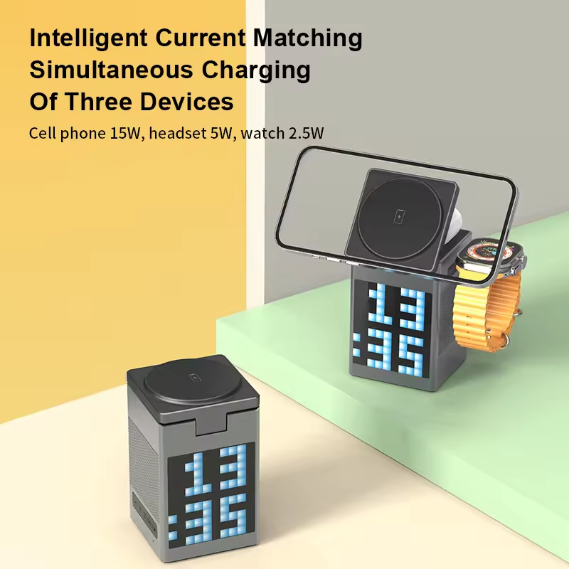 6 in 1 Magnetic Wireless Charger with RGB LED Display Desk Lamp Bluetooth Speaker Alarm Clock, Fast Charging Stand Compatible with Watch Earb