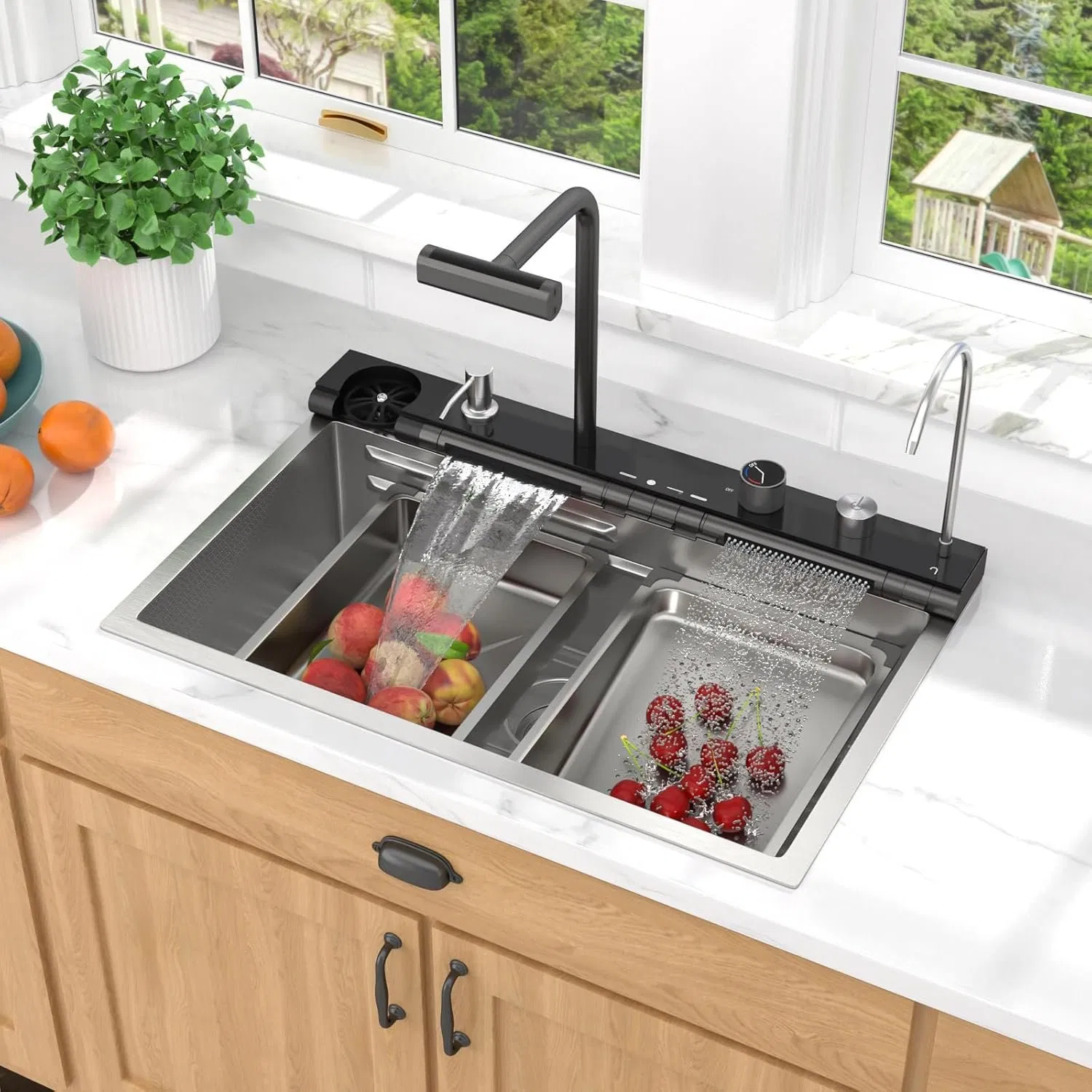 LED Digital Display Smart Piano Handmade Waterfall Stainless Steel Kitchen Sink