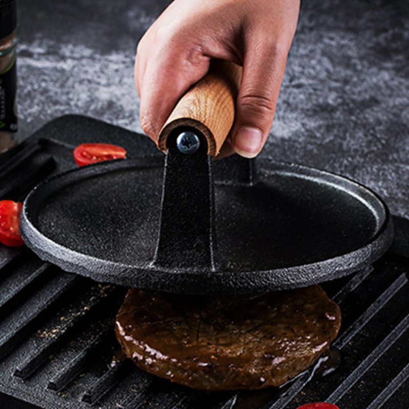 Burger Press with Wooden Handle Cast Iron Meat Press with Bottom Bar Bacon Press Round Grill Plate Wbb15857