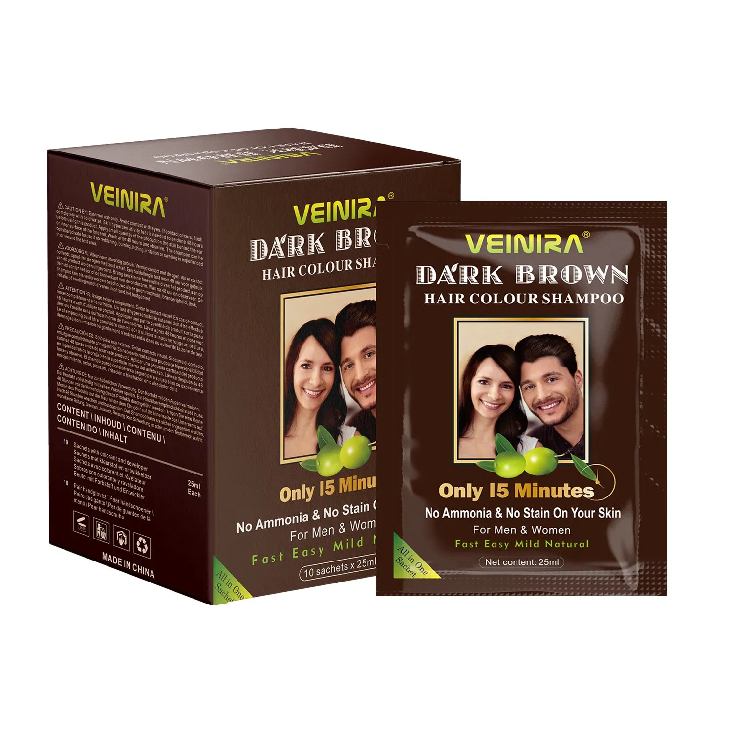 Veinira Hair Dye Shampoo Brown 100% Cover Grey Hair No Stain Skin