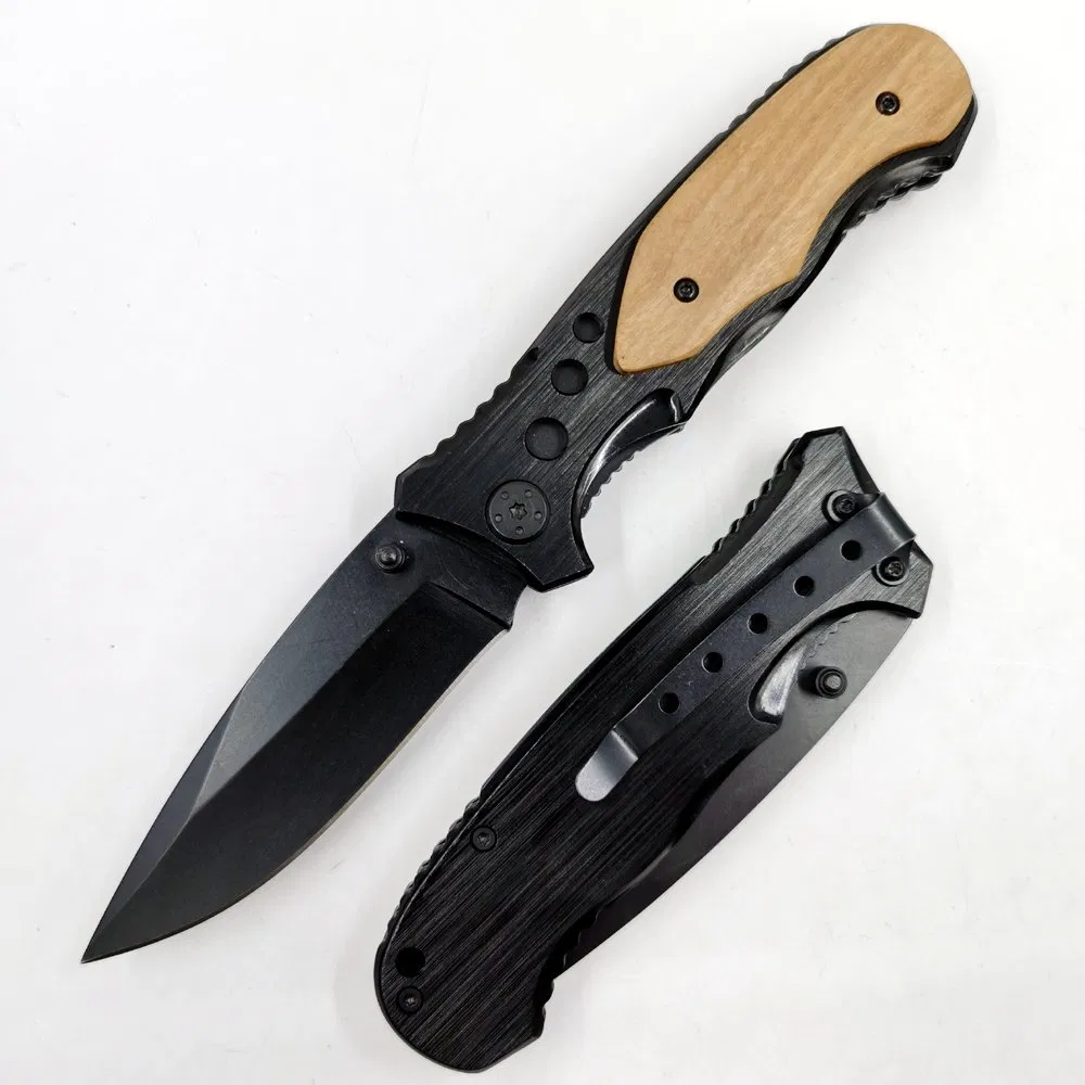 Pk-432bk The Best Sales Black Coating Blade Anodized Handle Decorated Olive Wood Folding Pocket Knife