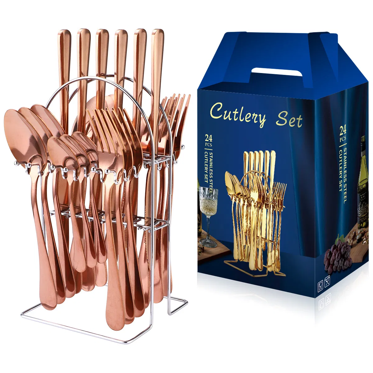 Ready Stock to Ship Luxury Cutlery Sets Royal Knife Spoon Fork Luxury Gold Cutlery Set Luxury 24PCS Stainless Steel Cutlery Sets in Stock