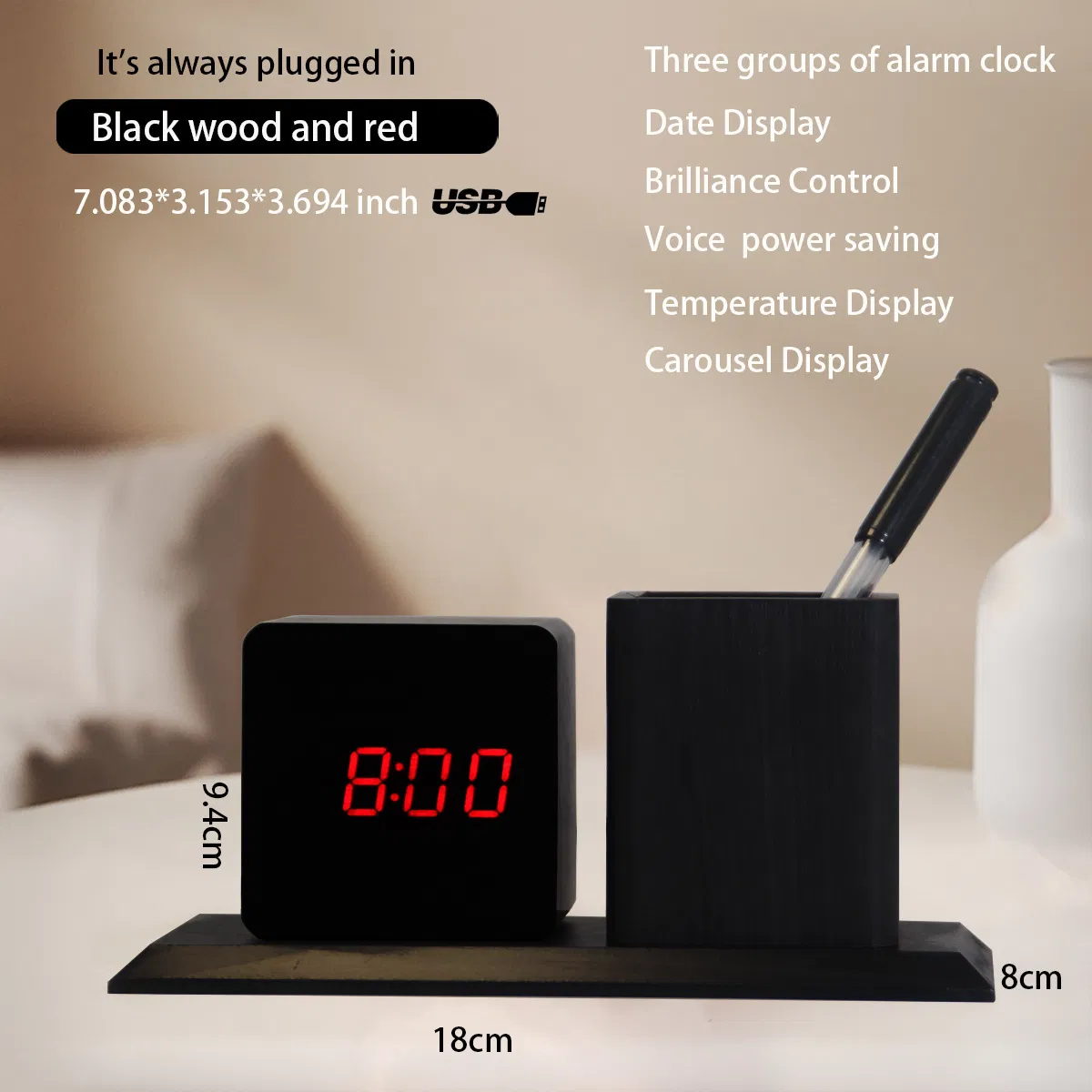 Creative Desktop Office Electronic Pen Holder Clock LED Silent Voice-Controlled Wooden Electronic Alarm Clock
