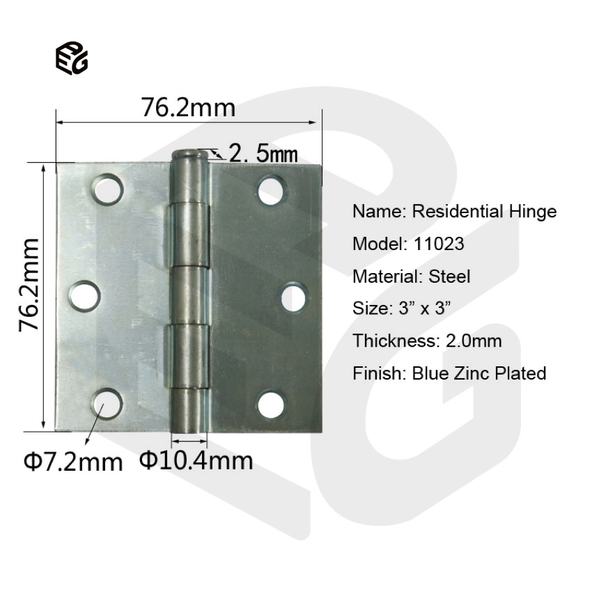 3X3 Inch Blue Zinc Plated Steel Door Hinge for Interior Cabinet Residential Hardware