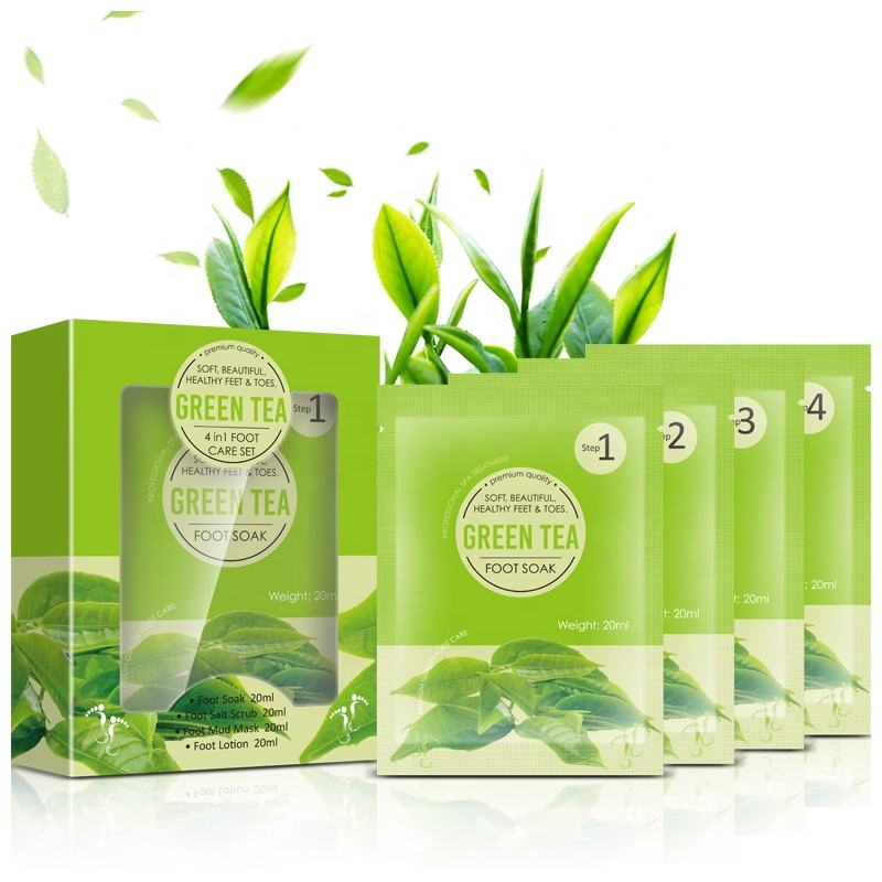 Aixin Cosmetics Foot Care 4 in 1 Green Tee Crystal Foot Mask Cream Scrub Soften Exfoliating Foot Jelly Pedicure SPA Kit Green Tee Foot SPA