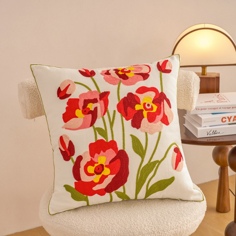 Traditional 18X18 Cotton Embroidered Floral Throw Pink Pillow Case