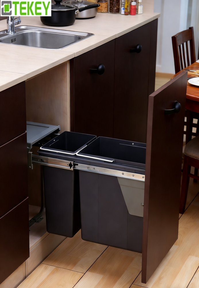 Tekey Hidden Garbage Cans Sliding Pull-out Waste Storage Kitchen Storage Concealed Plastic Waste Bins Kitchen Cabinet Pull out Large Capacity Trash Can