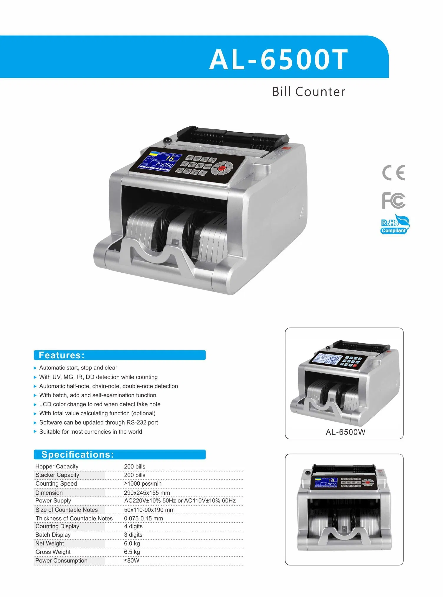 Al-6500W Automatic Note Detection with UV/Mg/IR Bill Counter Currency Counting Machine