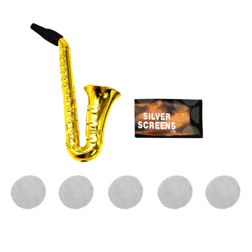 Golden Metal Portable Tobacco Smoking Saxophone Pipes with Silver Screens