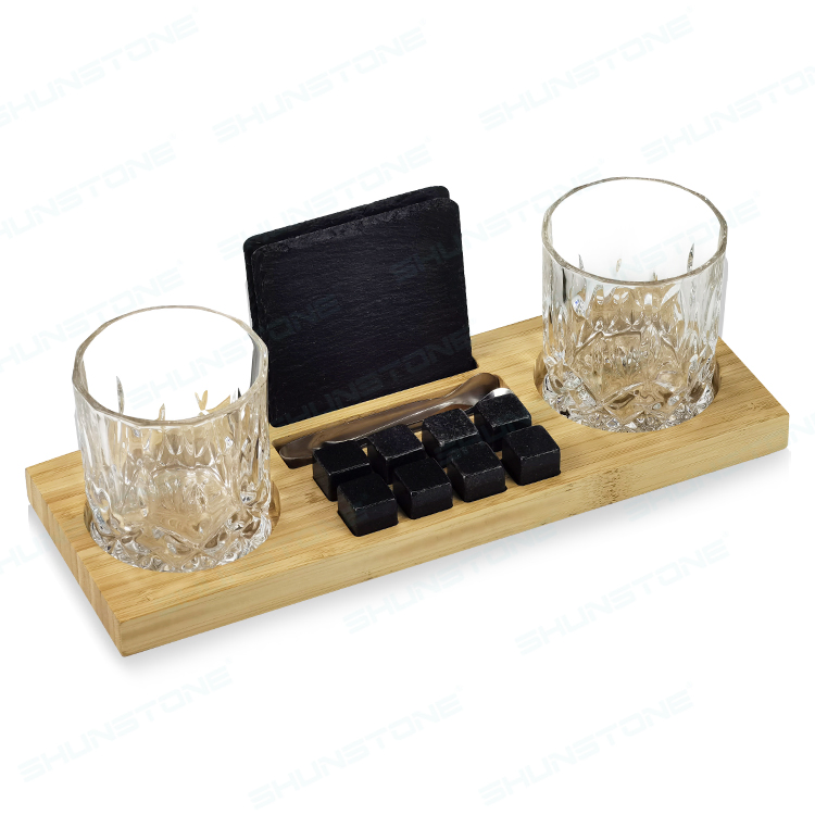 Crystal Whiskey Glasses Gift Set with Basalt Whiskey Stone Slate Coasters Bamboo Tray