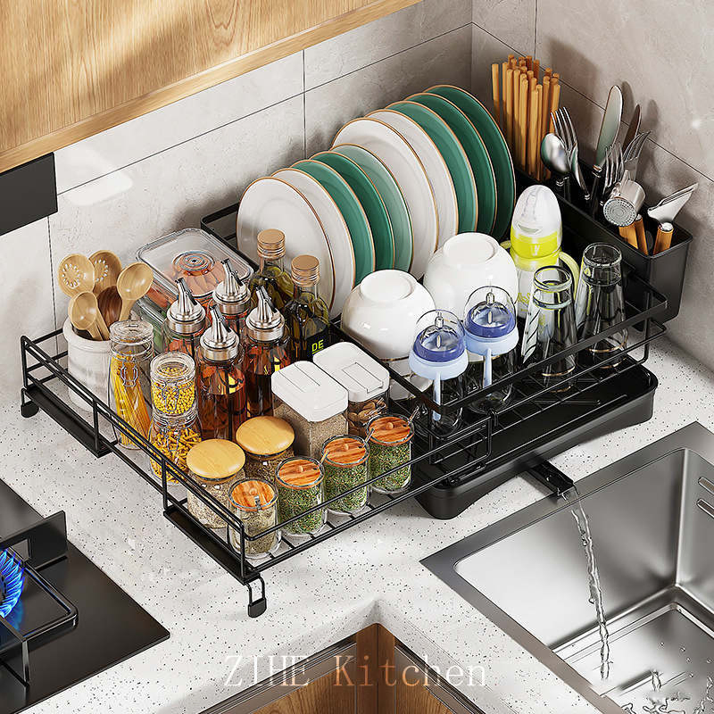 Kitchen Countertop Drain Bowls Dishes Tableware and Expandable Storage Rack