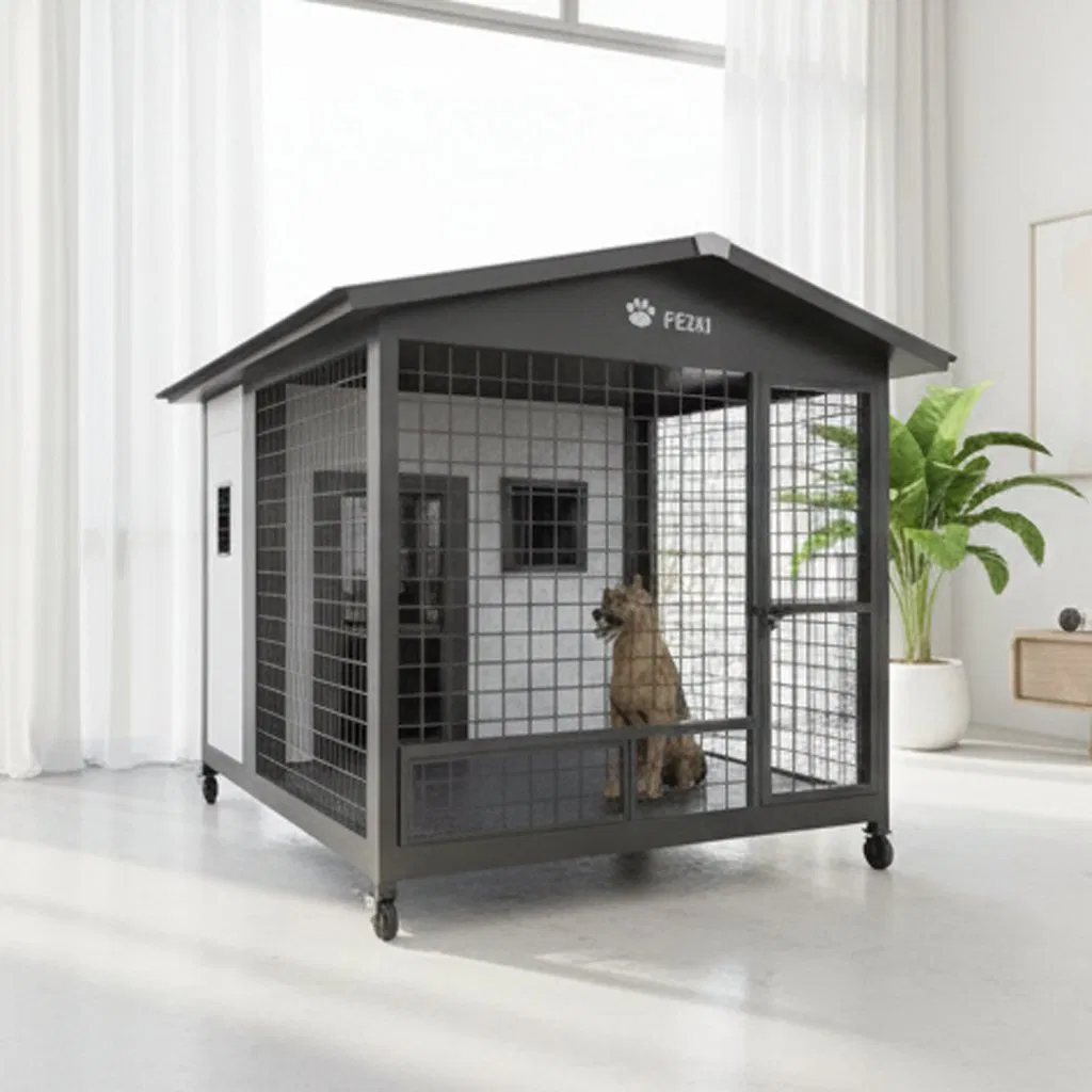 Odor-Controlled Wooden Dog Kennel with Ventilated Base and Double Sliding Door