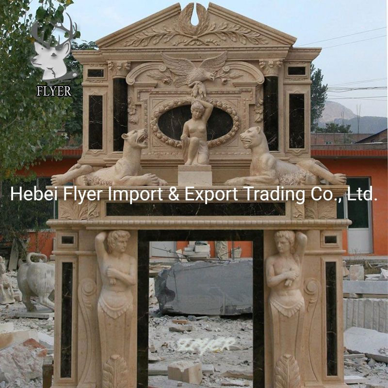 Custom Home Luxury Design Hand Carved Flower and Lion Sculpture Natural Marble Stone Fireplace Mantel