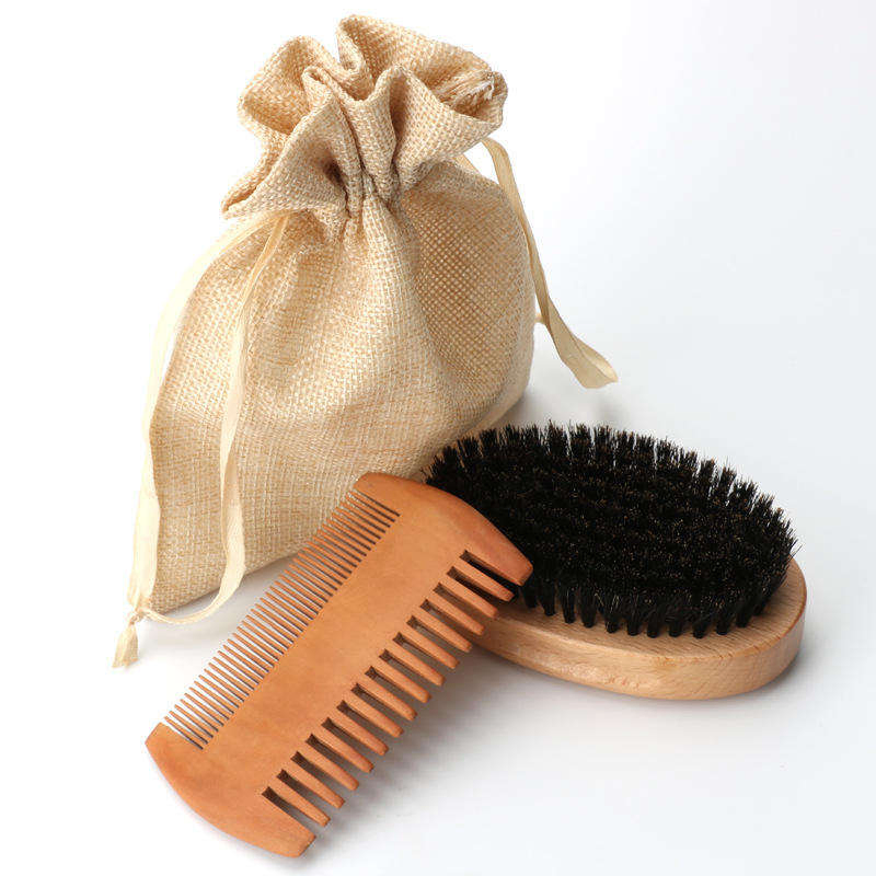 Private Label Bamboo Wooden Boar Bristle Beard Shaving Brush and Comb Set for Men Wholesale Custom Logo Beard Brush and Comb Kit