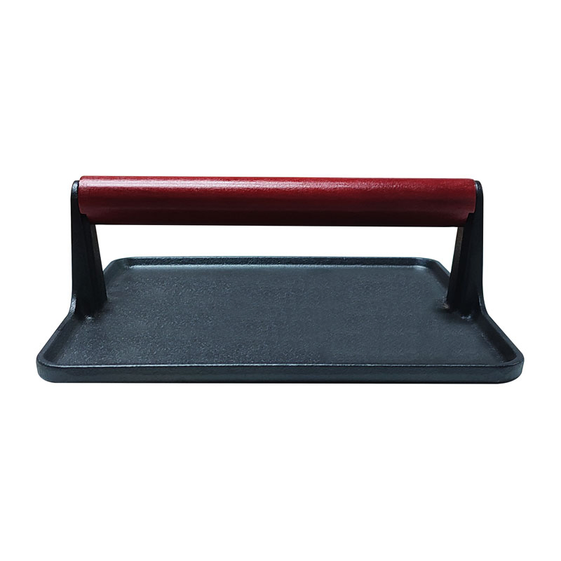 Cast Iron Grill Press Pre-Seasoned Burger Press Steak Weight with Wood Handle Bacon Grill Griddle Press Plate