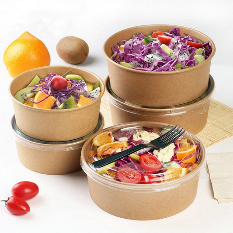 500ml 750ml 900ml Disposable Compostable Kraft Paper Soup Bowl Salad Takeaway Food Container Clear Lid Food Grade Eco-Friendly