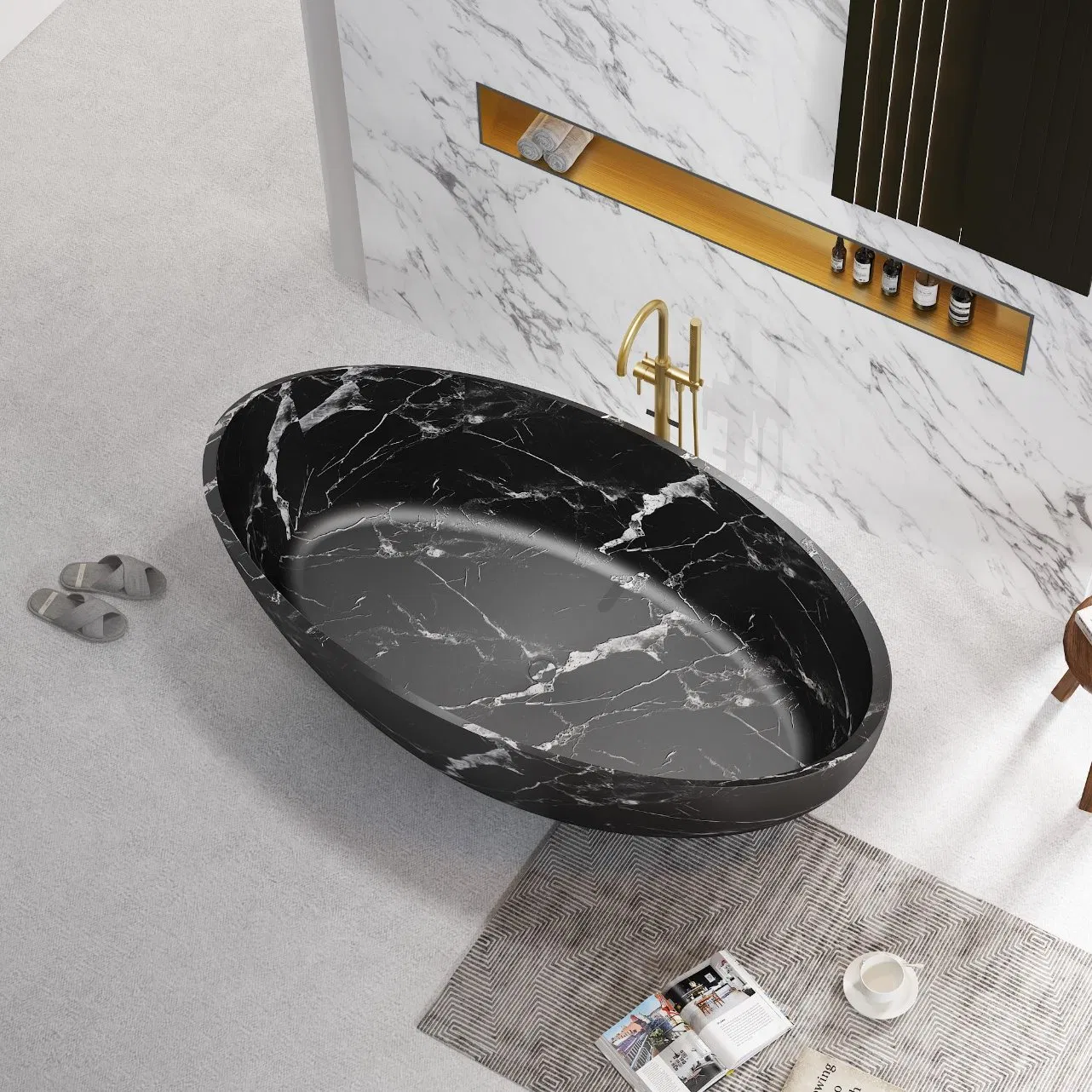 Черная мраморная ванна из искусственного камня