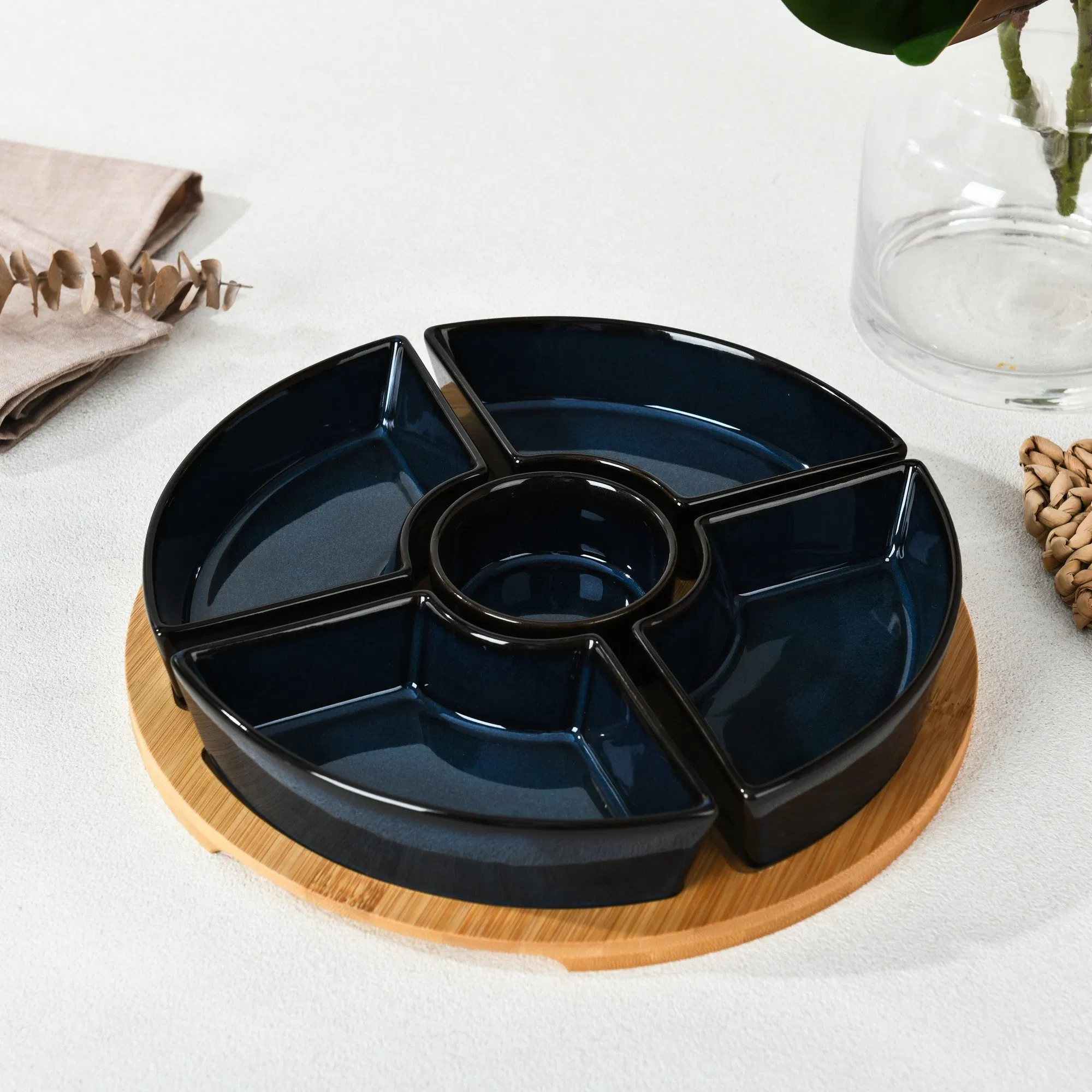 5PCS Divided Porcelain Servingware Ceramic Plate Set with Bamboo Tray