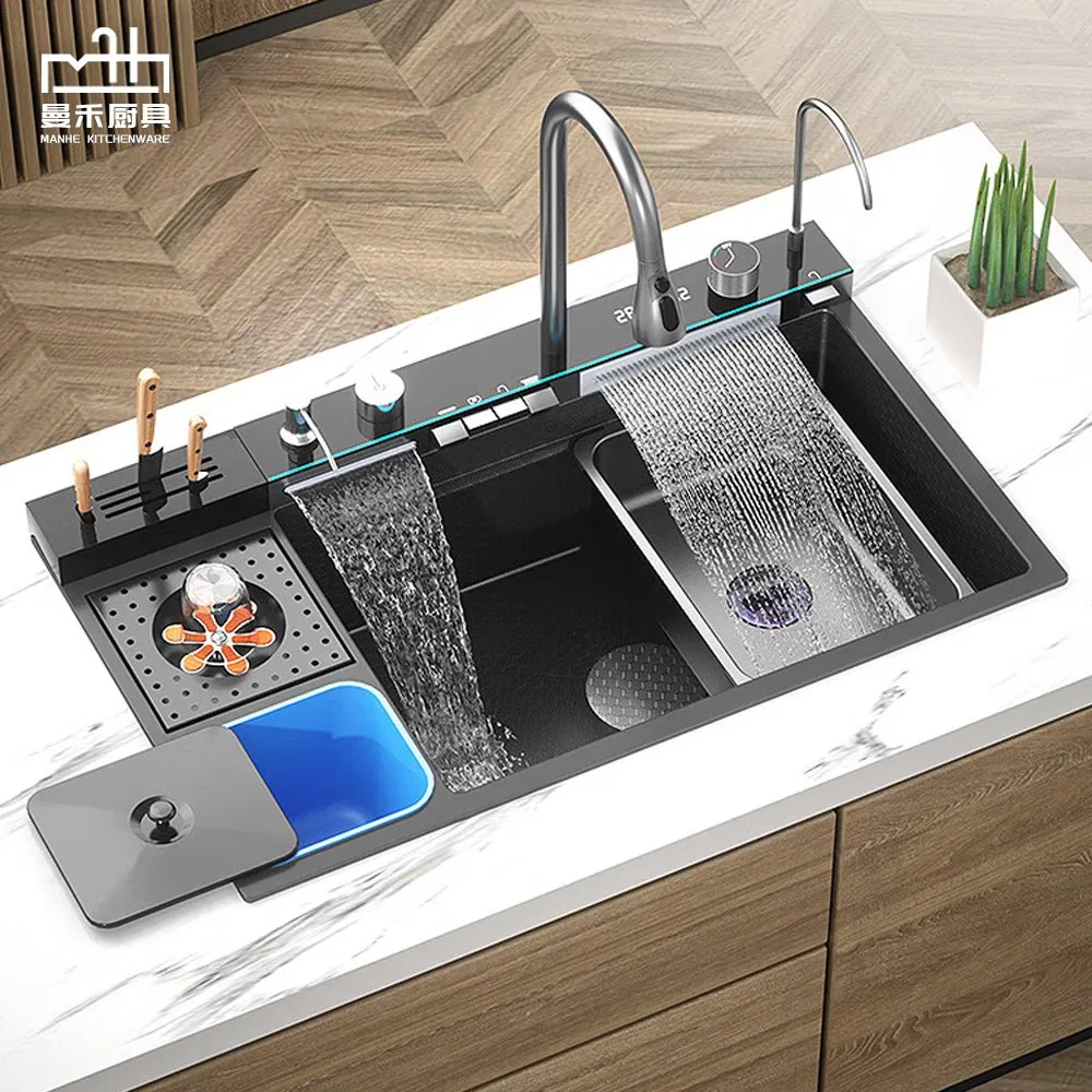 New Stainless Steel Kitchen Sink Smart Waterfall Sink with Garbage Bin and Toolbox